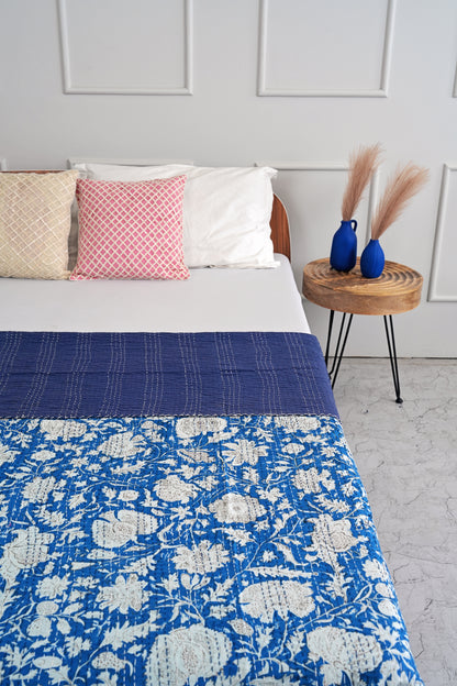 Hand Crafted Cotton Kantha Quilt - Blue