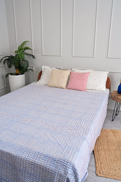Geometric Printed Kantha Coverlet Boho Kantha Quilt - Queen
