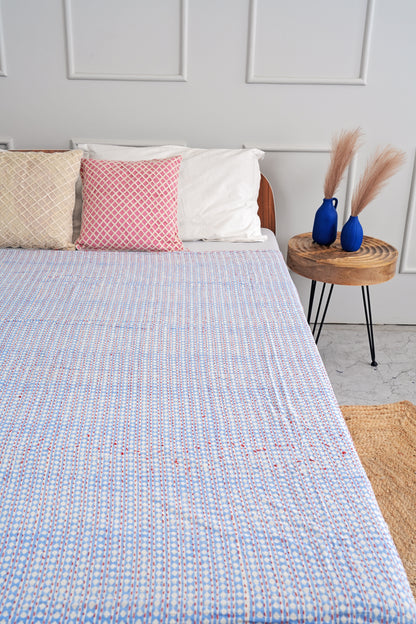 Geometric Printed Kantha Coverlet Boho Kantha Quilt - Queen