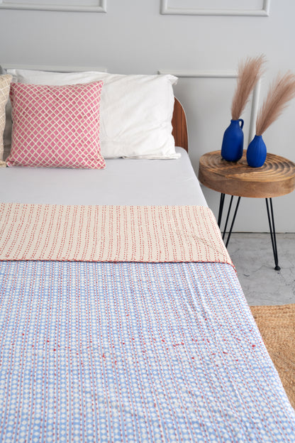 Geometric Printed Kantha Coverlet Boho Kantha Quilt - Queen