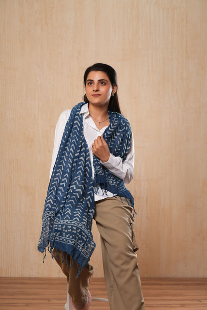 Hand-Block Printed Cotton Indigo Scarf