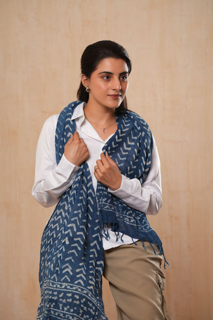 Hand-Block Printed Cotton Indigo Scarf