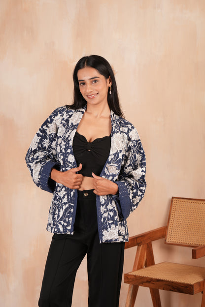 Blue Leafy Cotton Handmade Kantha Jacket