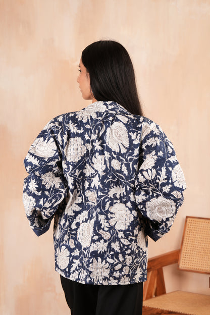 Blue Leafy Cotton Handmade Kantha Jacket