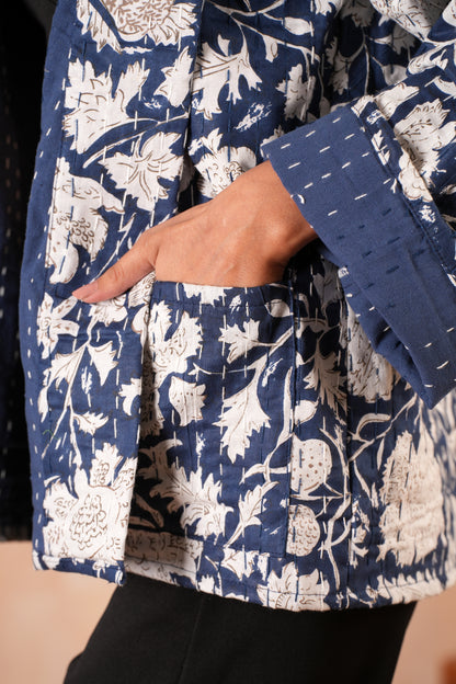 Blue Leafy Cotton Handmade Kantha Jacket