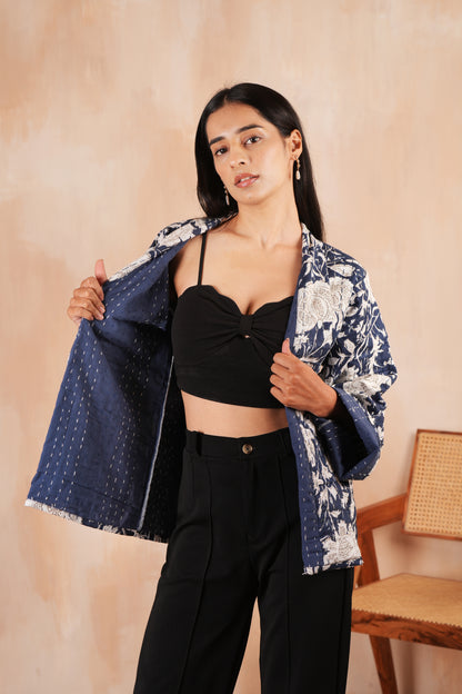Blue Leafy Cotton Handmade Kantha Jacket