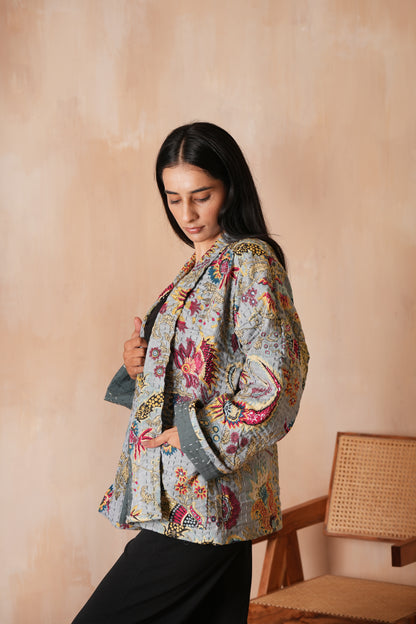 Wildflower Gray Handmade Cotton Kantha Jacket