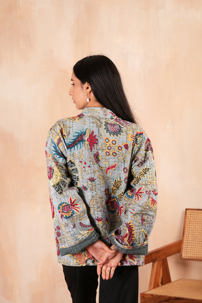 Wildflower Gray Handmade Cotton Kantha Jacket