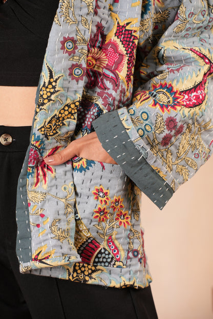 Wildflower Gray Handmade Cotton Kantha Jacket
