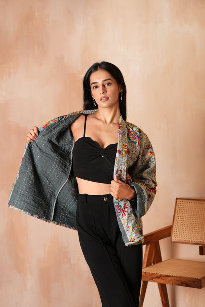Wildflower Gray Handmade Cotton Kantha Jacket