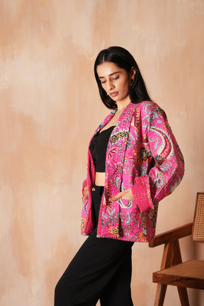 Floral Kantha Jacket - Pink