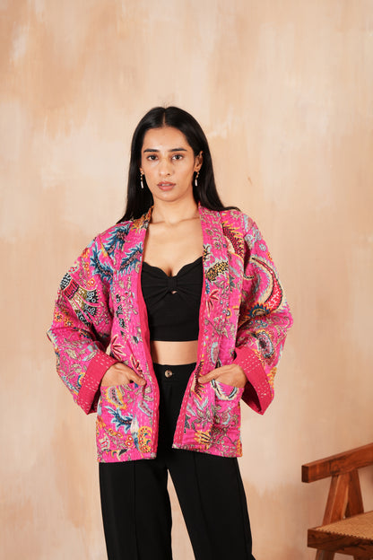 Floral Kantha Jacket - Pink