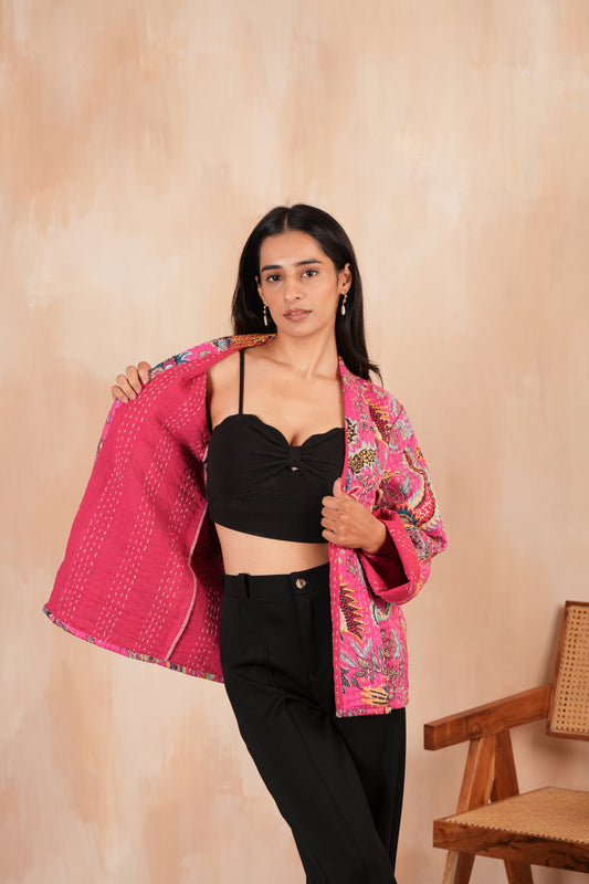 Floral Kantha Jacket - Pink