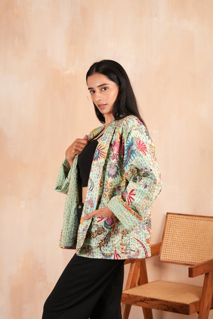 Handmade Cotton Kantha Quilted Jacket - Green
