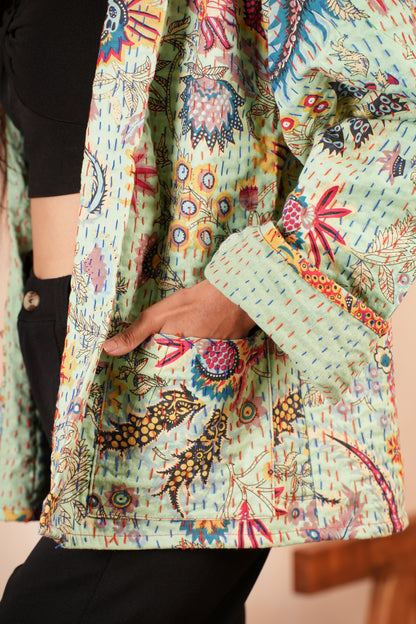Handmade Cotton Kantha Quilted Jacket - Green