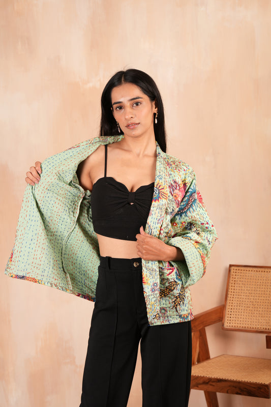 Handmade Cotton Kantha Quilted Jacket - Green
