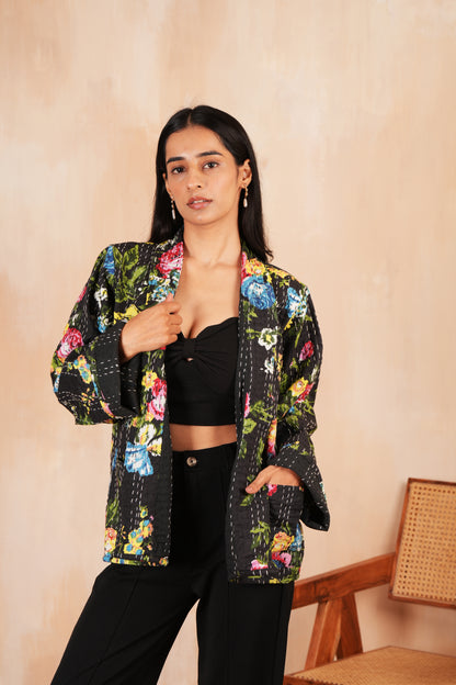 Black Floral Printed Kantha Jacket