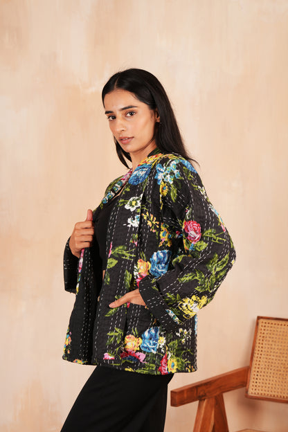 Black Floral Printed Kantha Jacket