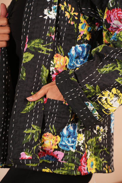Black Floral Printed Kantha Jacket