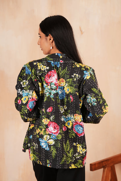 Black Floral Printed Kantha Jacket