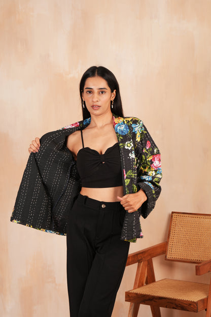 Black Floral Printed Kantha Jacket