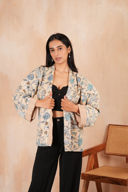 Beige Kantha Jacket with Flowers Print