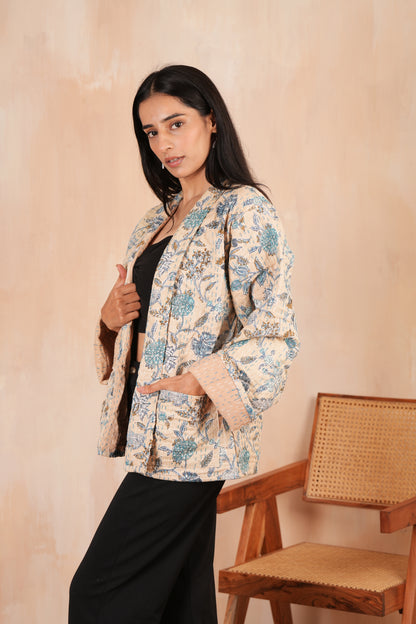 Beige Kantha Jacket with Flowers Print