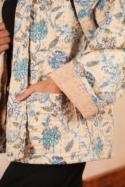 Beige Kantha Jacket with Flowers Print