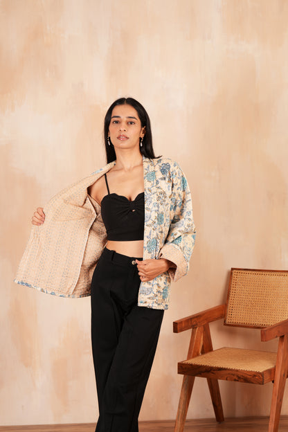 Beige Kantha Jacket with Flowers Print