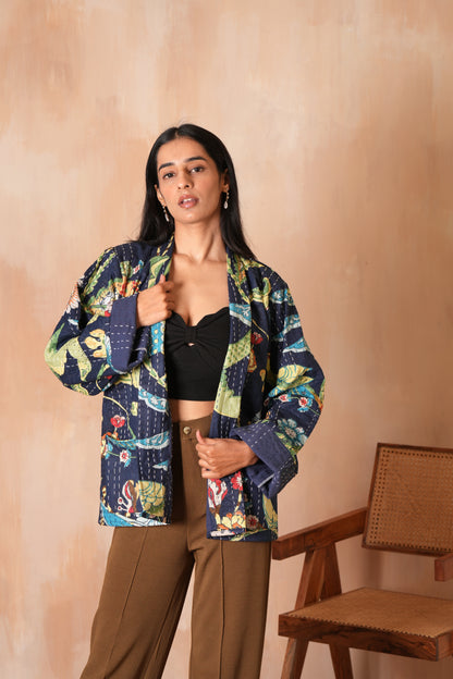 Peacock Vintage Kantha Jacket - Navy