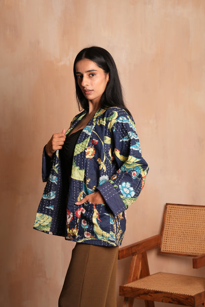 Peacock Vintage Kantha Jacket - Navy