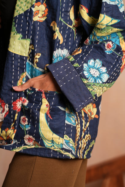 Peacock Vintage Kantha Jacket - Navy