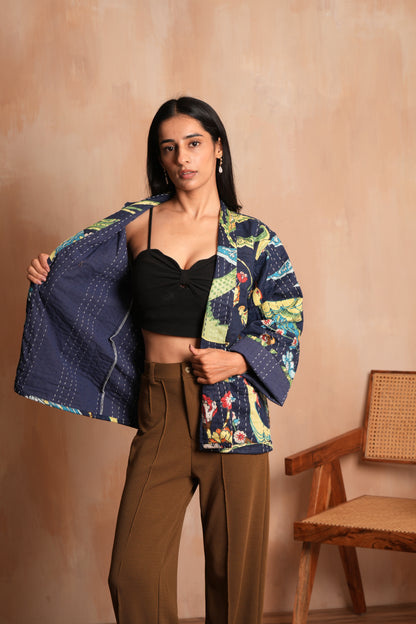 Peacock Vintage Kantha Jacket - Navy