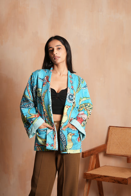 Peacock Kimono Kantha Jacket - Turquoise