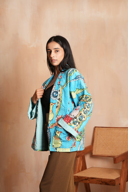 Peacock Kimono Kantha Jacket - Turquoise