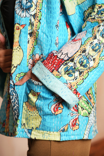 Peacock Kimono Kantha Jacket - Turquoise