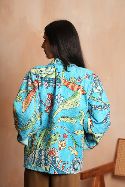 Peacock Kimono Kantha Jacket - Turquoise