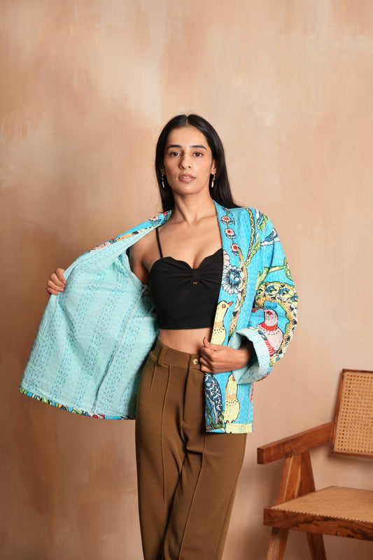 Peacock Kimono Kantha Jacket - Turquoise