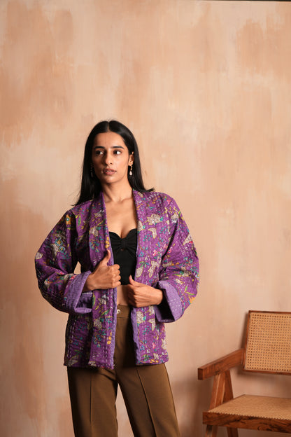 Floral Kantha Jacket - Purple
