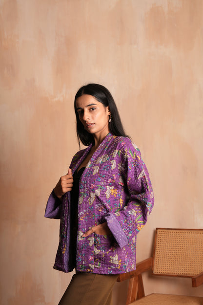 Floral Kantha Jacket - Purple