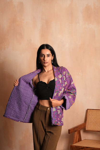 Floral Kantha Jacket - Purple