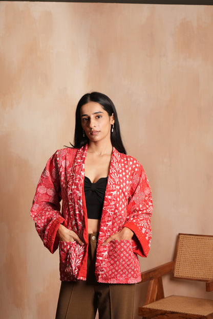 Patchwork Style Red Kantha Jacket