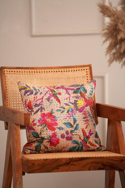 Cotton Printed Reversible Sparrow Kantha Cushion Cover