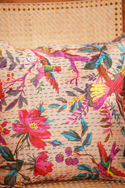 Cotton Printed Reversible Sparrow Kantha Cushion Cover