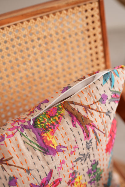 Cotton Printed Reversible Sparrow Kantha Cushion Cover