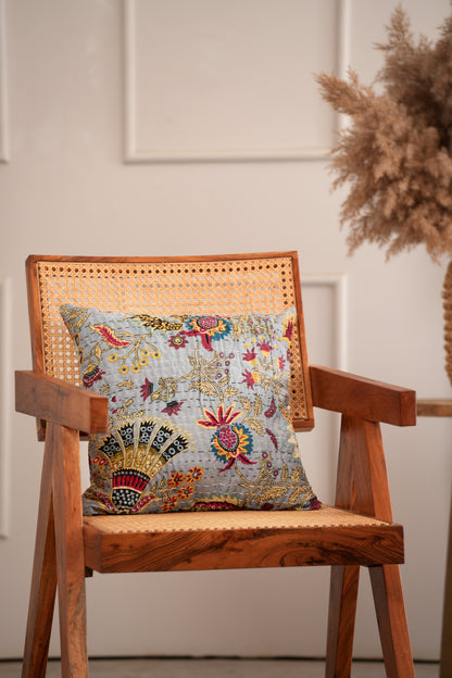 Boho Wildflower Kantha Pillow Cover - Gray