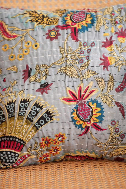 Boho Wildflower Kantha Pillow Cover - Gray
