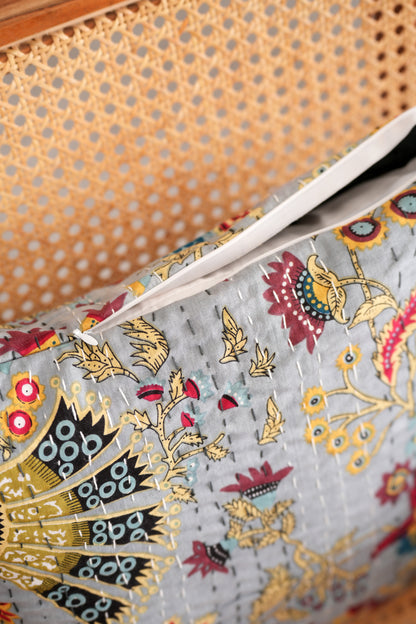 Boho Wildflower Kantha Pillow Cover - Gray