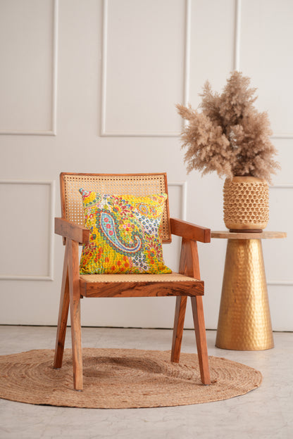 Handmade Yellow Paisley Kantha Cushion Cover