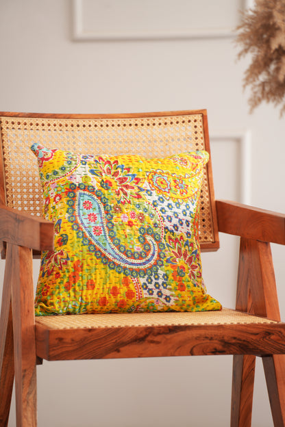 Handmade Yellow Paisley Kantha Cushion Cover